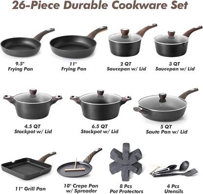 SENSARTE Pots and Pans Set Non stick, Non toxic Healthy Induction Cookware Sets, 26 Pcs Nonstick Kitchen Cooking Set, w/Frying Pans Set, Saucepans Set, Stockpots Set, PFOA PFOS Free, Black