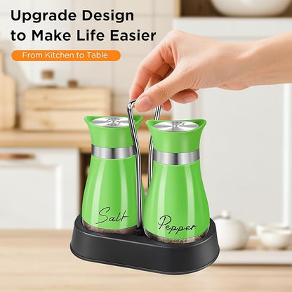 Salt and Pepper Shakers Set, 4 oz Stainless Steel Salt Shaker, Farmhouse Salt Pepper Shaker Containers with Glass Bottom for Kitchen Gadgets Cooking Table, BBQ, Bar, RV, Camp (Green)