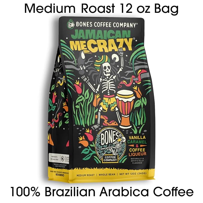 Bones Coffee Company Jamaican Me Crazy, Vanilla Caramel Flavored Coffee, Medium Roast Low Acid Arabica Beans Compatible with Auto drip and French Press Coffee Maker, 12 Oz Ground