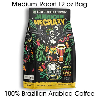 Bones Coffee Company Jamaican Me Crazy, Vanilla Caramel Flavored Coffee, Medium Roast Low Acid Arabica Beans Compatible with Auto drip and French Press Coffee Maker, 12 Oz Ground