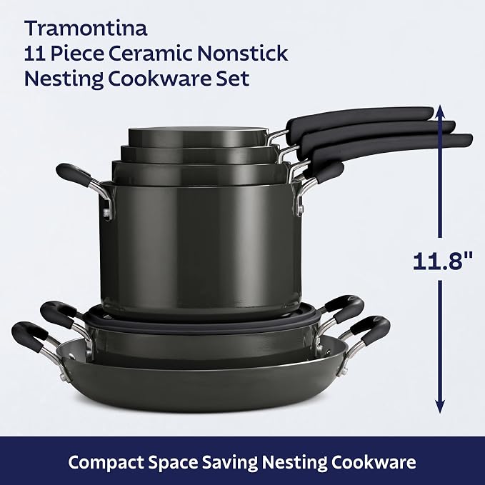 Tramontina Ceramic Non Stick 11-Piece Nesting Pots and Pans Set with Lids - Stackable Nonstick Cookware Set, Dishwasher and Oven Safe, Dark Gray
