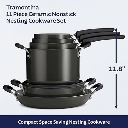Tramontina Ceramic Non Stick 11-Piece Nesting Pots and Pans Set with Lids - Stackable Nonstick Cookware Set, Dishwasher and Oven Safe, Dark Gray