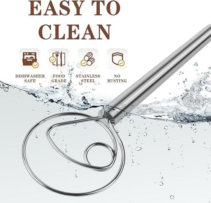 Danish Dough Whisk Stainless Steel Dough Hook Dutch Whisk for Sourdough Bread Dough Mixer Hand Wooden Handle Kitchen Whisking Mixing Tool Bread Making Tools and Supplies (Stainless Steel 1-eye)