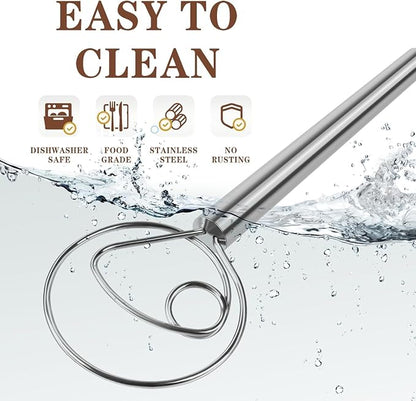 Danish Dough Whisk Stainless Steel Dough Hook Dutch Whisk for Sourdough Bread Dough Mixer Hand Wooden Handle Kitchen Whisking Mixing Tool Bread Making Tools and Supplies (Stainless Steel 1-eye)