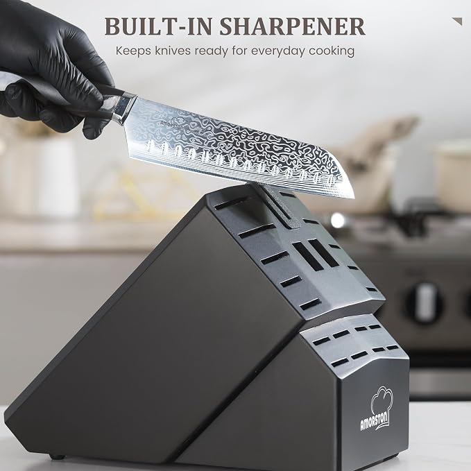Amorston 22 Pieces Knife Set, Laser Engraved High Carbon Stainless Steel Knife Block Set, Full Tang Professional Kitchen Knife Set with Built-in Sharpener, Fathers Day Gift for Men