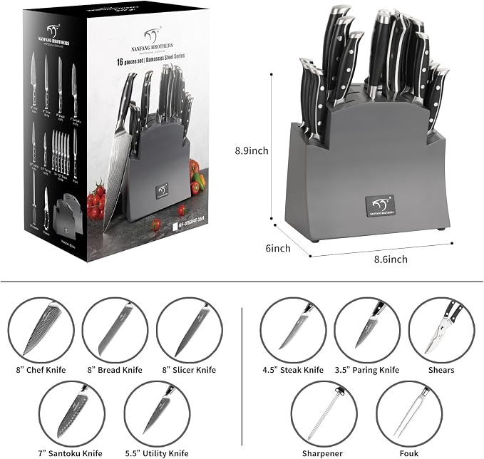 16-Piece Damascus Knife Set with Block, VG10 67-Layer Damascus Steel Kitchen Knife Set with Triple-Rivet Handles, 6 Steak Knives, Meat Fork, Sharpener & Scissors, Gray