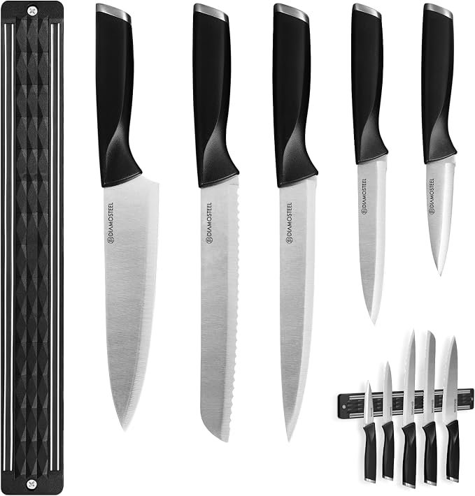 6-Piece Black Knife Set with Magnetic Strip for Wall, Ultra Sharp Magnetic Knives Set for Kitchen, Dishwasher Safe Small Knife Set for Meat Vegetable Cutting
