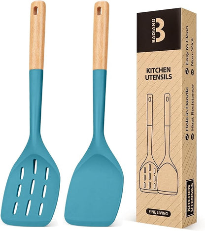 Pack of 2 Silicone Spatula, Non Stick Cooking Utensil Set Wooden Handle Kitchen Turner for Baking Mixing Grilling Serving Food Heat Resistant Non Scratch Hooks Included (Blue)