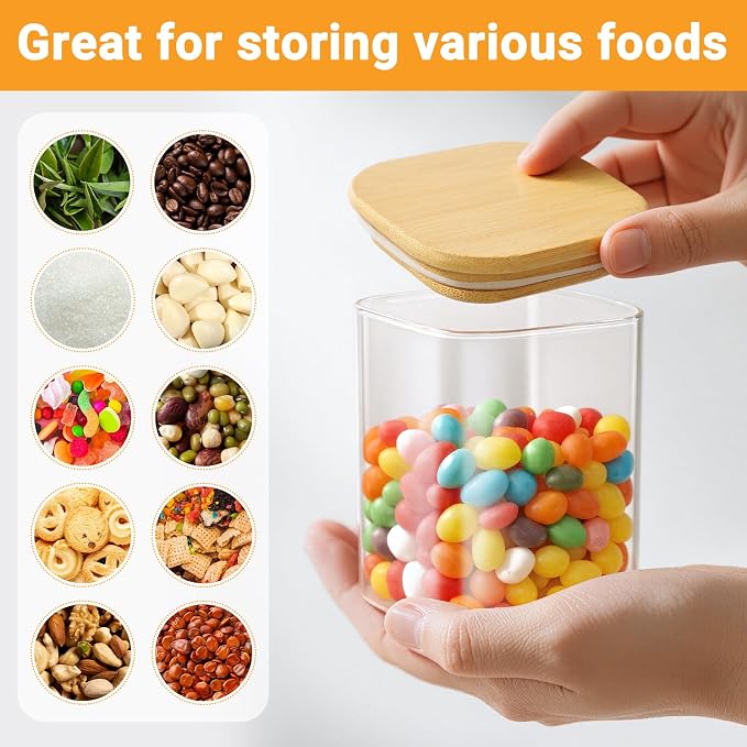Glass Jar with Lid, 15 Fl.oz Square Glass Jars with Bamboo Lids Set of 2, Airtight Food Storage Containers for Sugar, Tea, Coffee, Candy, Cookies, Spice - Included Labels, Marker and Spoon