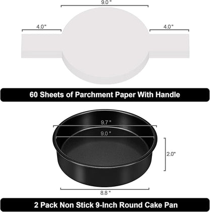 9 Inch Round Cake Pan Set of 2, Nonstick Cake Pans 9 Inch Round with 60PCS Parchment Paper for Birthday, Round Cake Pans for Baking Layered Cakes Deep-Dish Pizza Pie, Even Heating & Dishwasher Safe