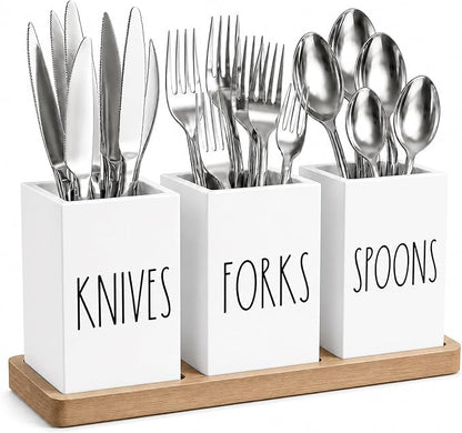 Farmhouse Silverware Holder, Rustic Wood Silverware Caddy with Tray, Spoon Fork Knives Flatware Dispenser, Utensil Countertop Organizer, Plastic Cutlery Holder for Kitchen Party (White)