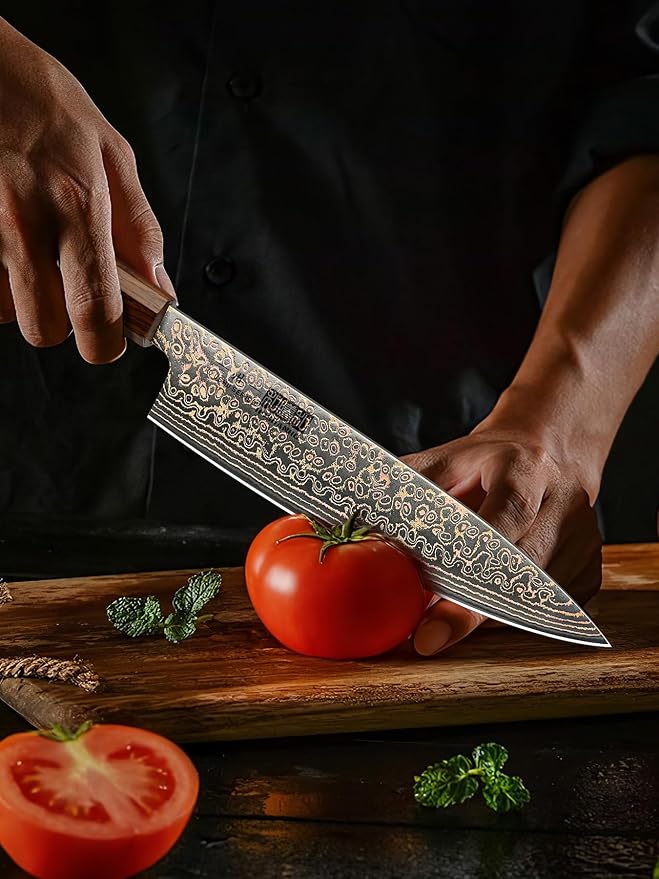 HOSHANHO Damascus Japanese Chef Knife 8 Inch, 33-Layer Copper & Damascus Steel Kitchen Knife, Ultra Sharp Professional Cooking Knives with Ergonomic Ebony Handle