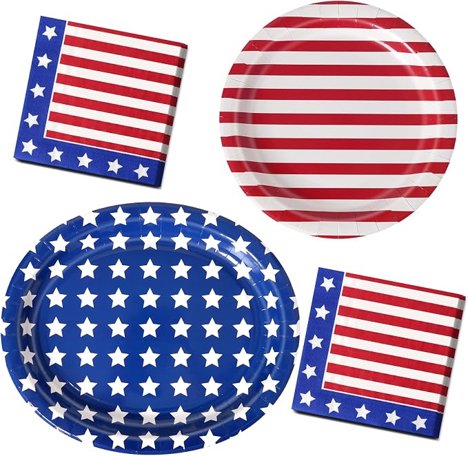 100 PCS Patriotic Paper Plates and Napkins | Bundle Includes Paper Oval Dinner Plates Dessert Plate and Napkins for 4th of July Independence Day Party Supplies