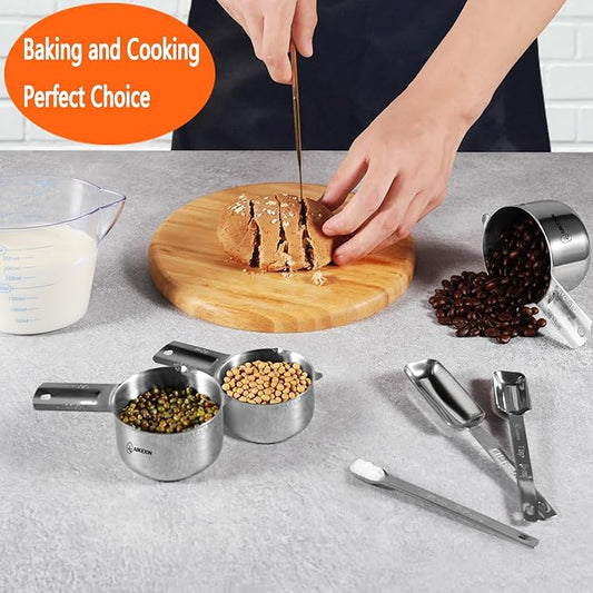 AIKEXIN 20 PCS Measuring Cups & Spoons Set, for Cooking & Baking Gadgets | 18/10 Stainless Steel Metal, Nesting Stackable Design, Dry & Liquid, Plastic Liquids, Leveler Conversion Chart