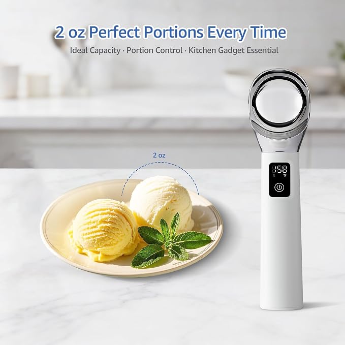 Electric Heated Ice Cream Scoop, Kitchen Gadget with Digital LED Temperature Display for Easy Scooping Rechargeable Scooper Dessert Server 5000mAh USB Powered IP67 Waterproof Kitchen Tool 2 Oz Max158℉