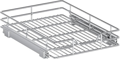 Pull Out Cabinet Organizer, 13.5" W x 18" D, Heavy Duty Chrome Slide Out Shelf for Base Cabinets, Sliding Wire Basket Drawer for Pantry Items, Bowls, Containers & Cleaning Supplies