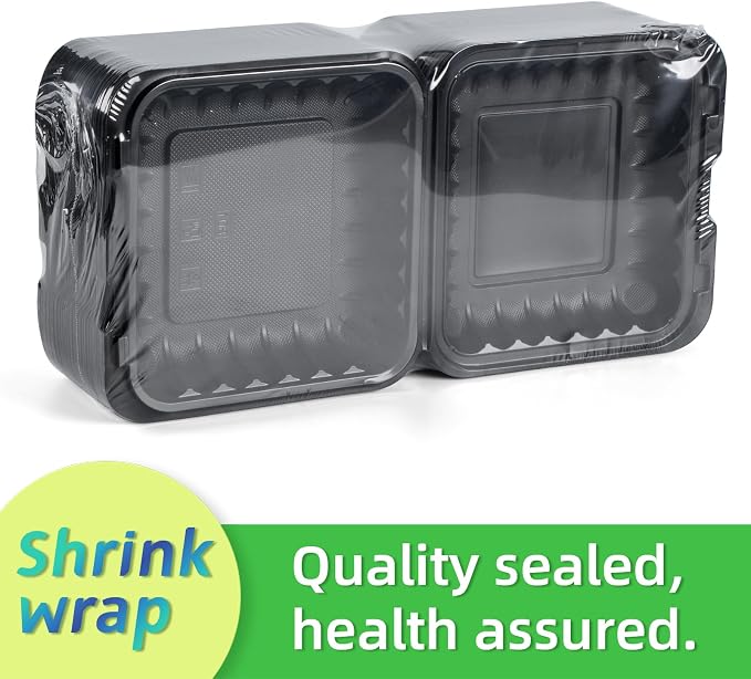8 Inch 34oz 55-Pack Black To Go Boxes - Shrink Wrapped No Pre-Wash | BPA Free Sturdy Reusable & Elegant | Microwave Safe for Hot Meals, Leftovers & Events | Disposable Takeout Food Containers