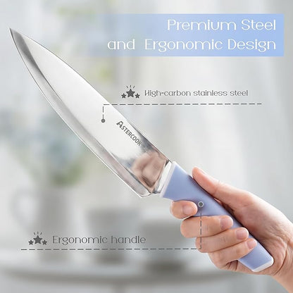 Astercook Kitchen Knife Set with Block and Sharpener 15 Piece German High Carbon Stainless Steel Knives Sharp Blade Dishwasher Safe Deba Knives with Ergonomic Handle, Delicate Blue
