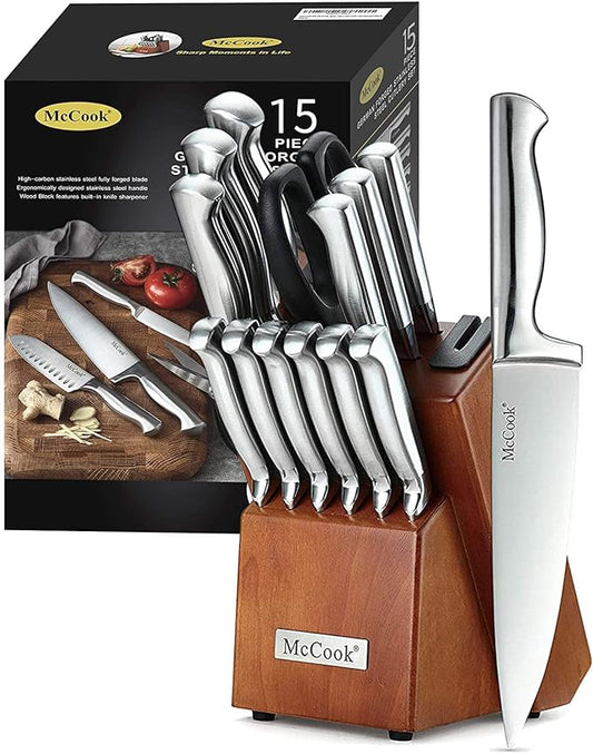 McCook® Knife Sets, German Stainless Steel Kitchen Knife Block Sets with Built-in Sharpener, 15 Piece Chef Knife and More, Razor Sharp, Restaurant Grade, Anti-Rust, Elegant Box for Gift
