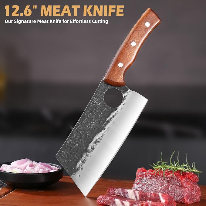 Chef Knife Set, 3 PCS Japanese Kitchen Butcher Knife Set, Serbian Chef Knives Meat Cleaver Viking Boning Knives, Professional Hand Forged Steel, for Home Outdoor Cooking Camping BBQ