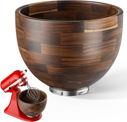 Solid Acacia Wood Mixing Bowl,Compatible with KitchenAid 4.5 & 5 Quart Tilt-Head Stand Mixers with Locking Steel Base, Warmer & Quieter Replacement Bowl for Baking & Dough, Kitchen Gift Idea