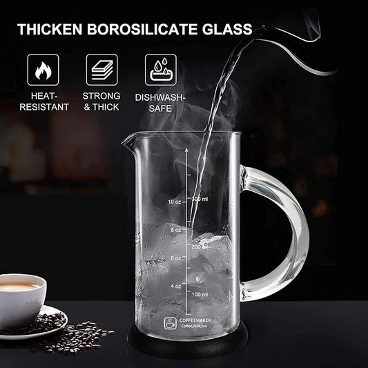 French Press Coffee Maker 12 Ounce Espresso Tea Coffee Maker with 4 Filters System, Stainless Steel Plunger and Heat Resistant Borosilicate Glass BPA-Free Brewed Tea Pot Coffee Plunger(Silvery 12oz)