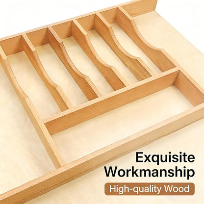 Silverware Drawer Organizer - Trim-to-Fit with Adjustable Dividers for Kitchen Utensil Storage, Beech Wood Frame with 11 Sizes (19.25" W x 22" D)