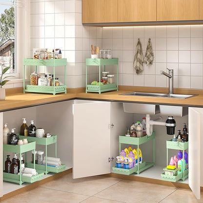 Sevenblue 3 Pack Under Sink Organizers, 2-Tier Multi-Use Kitchen and Bathroom Organizers and Storage with Sliding Drawers, Bathroom Cabinet Organizer (Green, 14.8 Inch)