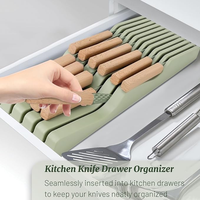 12-Piece Modern Green Knife Block Set with Drawer Organizer, Stainless Steel Knife Set, 6 Steak Knives, Non-Stick Coated Blades
