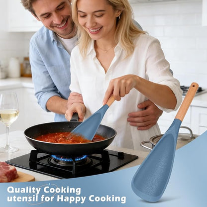 Cooking Spoon Set with Wooden Handle, Heat-Resistant Kitchen Utensils for Stirring, Mixing, Serving, Non-Stick Cookware (BLUE - 1Pack)