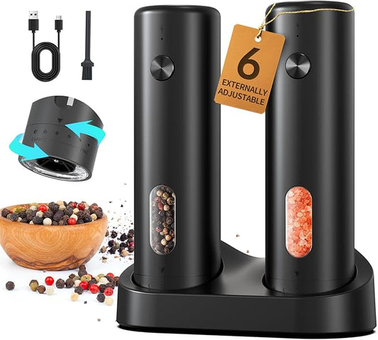 CIRCLE JOY Rechargeable Electric Salt and Pepper Grinder Set with Charging Base, Automatic Pepper Mills with 110ml Container, External Adjustable Coarseness, White Led Light, Easy to Operate, Black