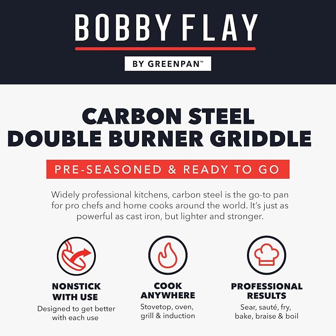 GreenPan x Bobby Flay 18" x 11" Carbon Steel Double Burner Pan, Pre-Seasoned Ready to Use, Induction Compatible, High Heat & Oven Safe Durable Cookware, Cast Iron Alternative