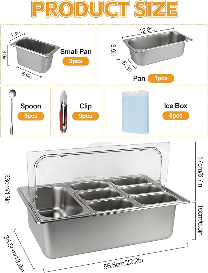 Pizza Topping Station Stainless Steel Spice Organizer Salad Bar Buffet Station with Spoons Ice Boxes Buffet Containers Set for Sauce Jam Ingredient Kitchen Restaurant Pantry