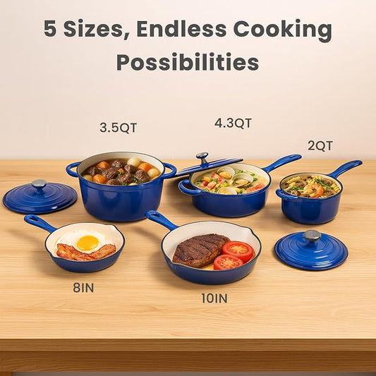QuliMetal Nonstick Enameled Cast Iron Cookware Set, 5 Pcs Pots and Pans with Lid, Skillet, Frying Pan, Saucepan & Dutch Oven for All Stovetops, PFA Free - Ideal for Sourdough Bread Baking