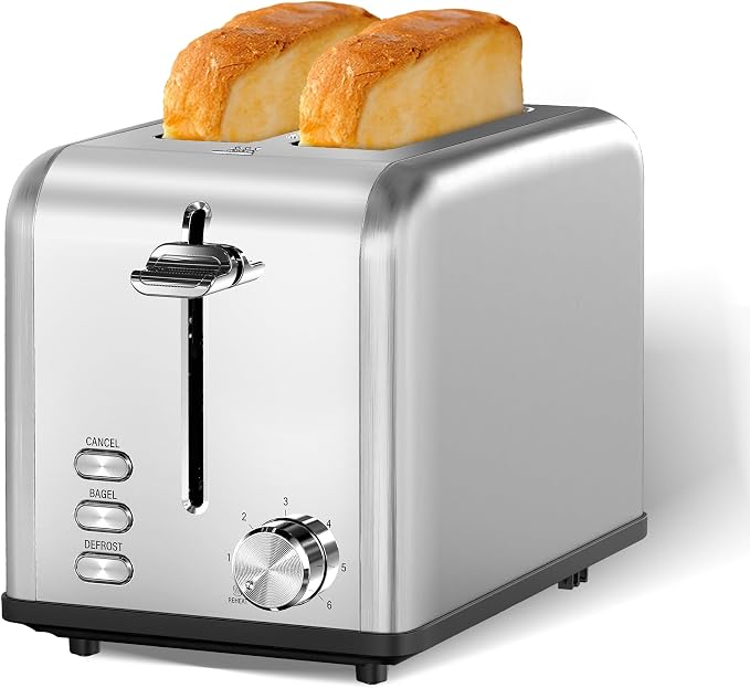 Simple Deluxe 2-Slice Toaster, 6 Browning Setting and 3 Function, Extra Wide Slot & Removable Crumb Tray, for Bread & Waffle, Silver