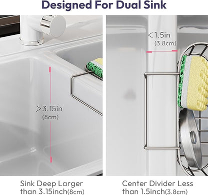 SWTYMIKI Sponge Holder for Kitchen Sink - Movable Sink Caddy with Smiley Face Sponge Holder, Rustproof Hanging Sponge Organizer in Double Bowl Sinks Depth>3.15in, Middle Divider<1.5in, Sand Nickel