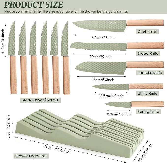 12-Piece Modern Green Knife Block Set with Drawer Organizer, Stainless Steel Knife Set, 6 Steak Knives, Non-Stick Coated Blades