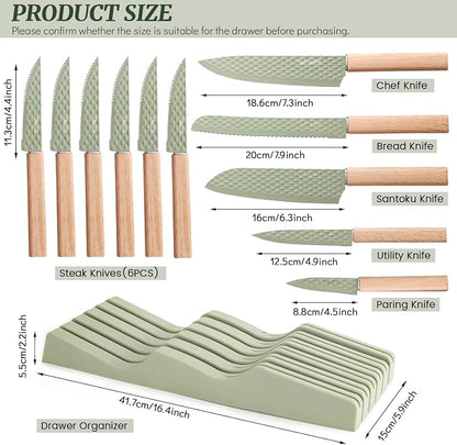 12-Piece Modern Green Knife Block Set with Drawer Organizer, Stainless Steel Knife Set, 6 Steak Knives, Non-Stick Coated Blades