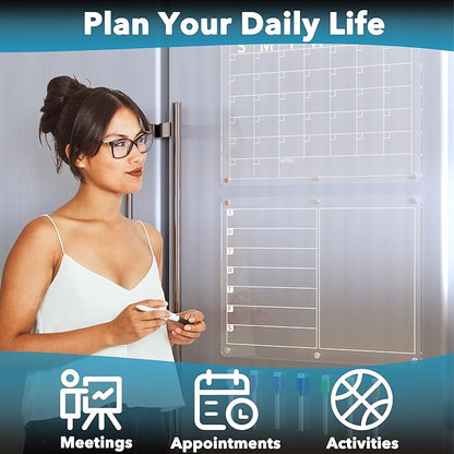 Neatsure Acrylic Magnetic Dry Erase Board Calendar for Fridge, Clear Monthly and Weekly Meal Planner Whiteboard Refrigerator, Menu Board for Kitchen, w/ 8 Colors Markers, 15"x11"