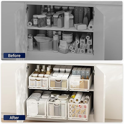 2 Pack Pull Out Cabinet Organizer, No Drill Adhesive Sliding Drawers for Kitchen, Metal Mesh Wire Storage Shelf for Pantry & Under Sink, White (9.6" W x 11.8" D x 8.4" H)