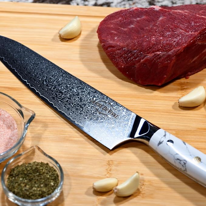 Damascus Chef Knife 8 Inch, 67-Layer VG-10 Japanese Steel Kitchen Knife, Razor Sharp Professional Chef Knife with White Turquoise Resin Handle & Premium Gift Box