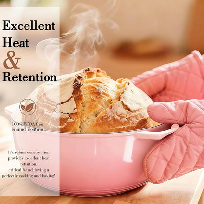 Umite Chef 6QT Enameled Cast Iron Dutch Oven with Lid, Versatile Heavy-Duty Cookware Pot for Baking Bread, Braising, Soups & Stews, Oven & Stovetop Safe with Heat Resistant Gloves(Pink)