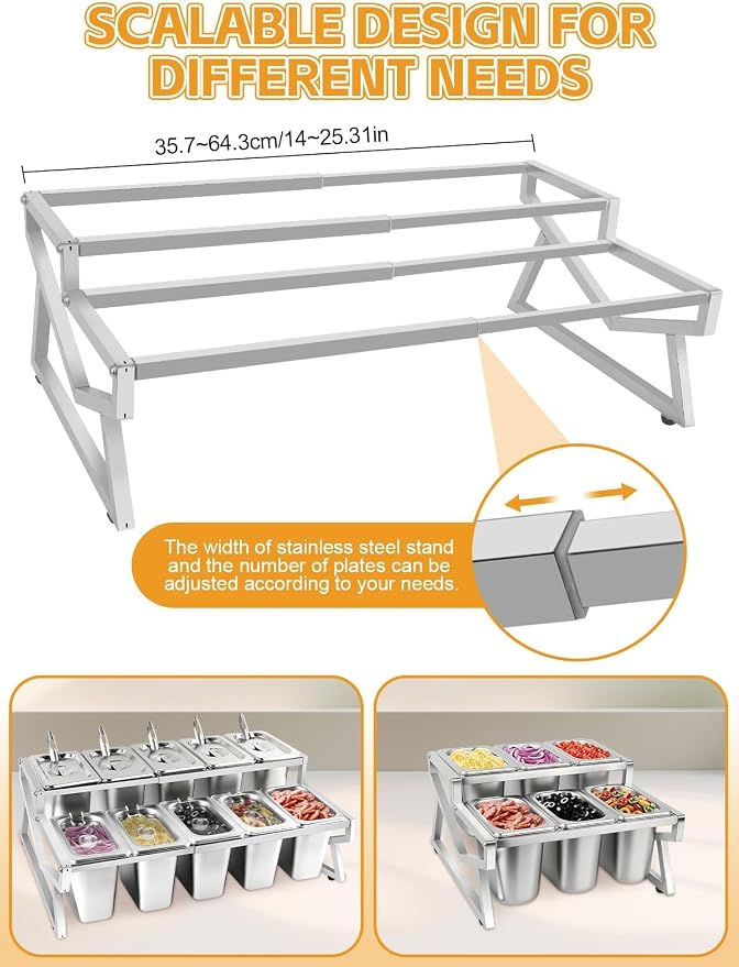 10 Pans Pizza Topping Station 2 Row Adjustable Pizza Storage Container Topping containers with Lids Condiment Organizers Buffet Containers Set for Restaurant Pizza Sauce Jam Fruit Ingredient