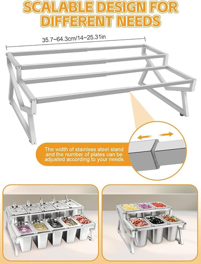 10 Pans Pizza Topping Station 2 Row Adjustable Pizza Storage Container Topping containers with Lids Condiment Organizers Buffet Containers Set for Restaurant Pizza Sauce Jam Fruit Ingredient