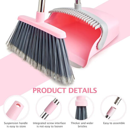 2-Pack Broom and Dustpan Set with Long Handle, Heavy Dust Broom and Dustpan Combo for Home，Kitchen, Office, Pet Hair(Grey Pink)