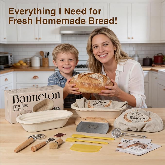 Wood Pulp Banneton Bread Proofing Baskets Set of 2, 11 Inch Oval 750G Sourdough Proofing Basket Kit with Linen Covers, Dough Whisk, Scraper, Bread Lame & Flour Duster, Non-Stick Bread Bowl