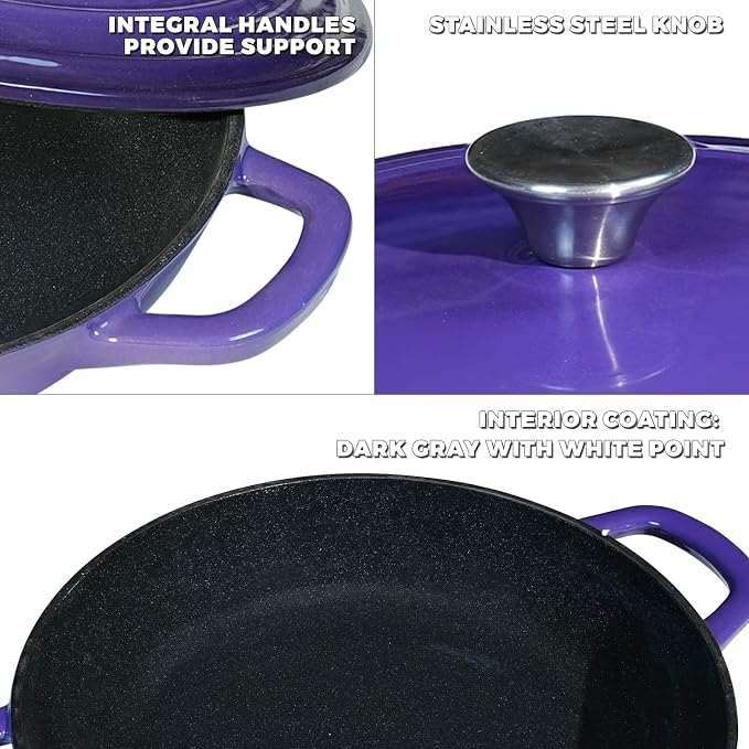 Flavehc Braiser Enameled Cast Iron Braiser 3 QT, Cast Iron Braiser Pan with Lid for Bread Baking, Soup & One Pot Meals, Small Shallow Dutch Oven Casserole for Oven & Induction, Purple