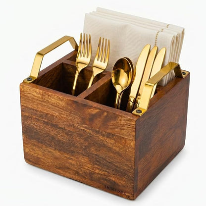 nestroots Silverware, Napkins & Spoon Holder, Teak Wood Utensil Caddy with Stainless Steel Handle, Organizer Countertop, Cutlery Holder for Party, Fork, Knife Organizer