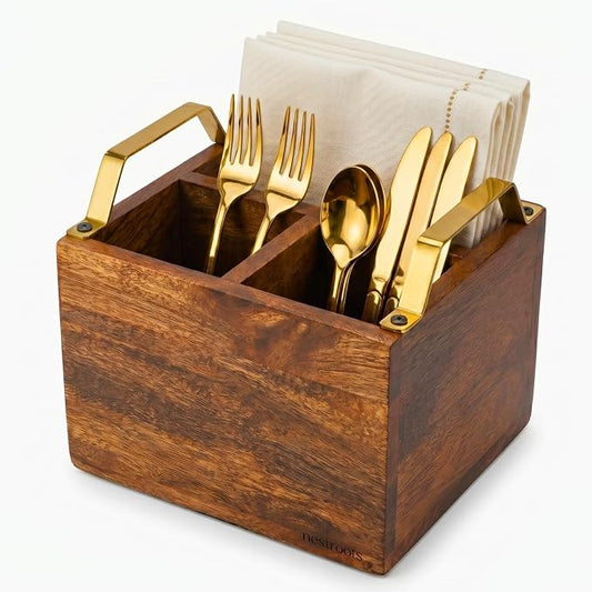 nestroots Silverware, Napkins & Spoon Holder, Teak Wood Utensil Caddy with Stainless Steel Handle, Organizer Countertop, Cutlery Holder for Party, Fork, Knife Organizer