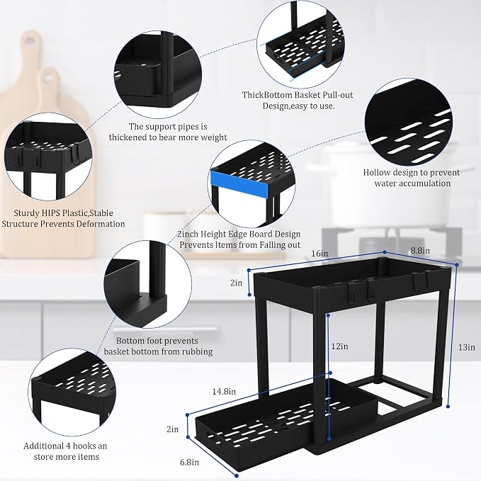 2pcs Under Sink Organizer Kitchen Bathroom Storage Cabinet 2 tier Sliding Drawer Counter Organization Shelf Storage Drawers Rack with Pull Out Basket and Hooks Black